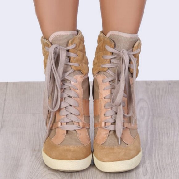 🤎 Chloé Kasia Suede Leather Canvas Tan Wedge Sneakers Size 39 Quiet Luxury - Picture 3 of 16